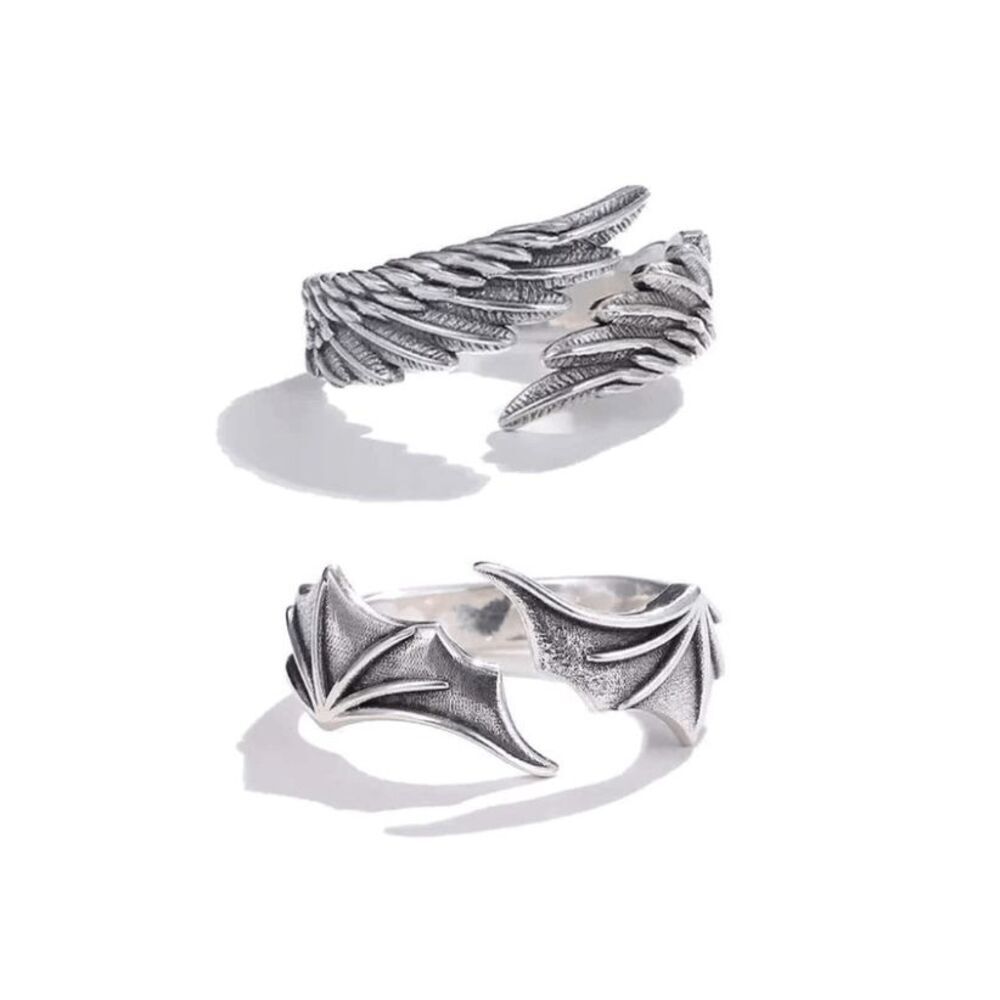 Wicked Silk Goth Angel and Devil, Demon Wing Rings 2pcs Set